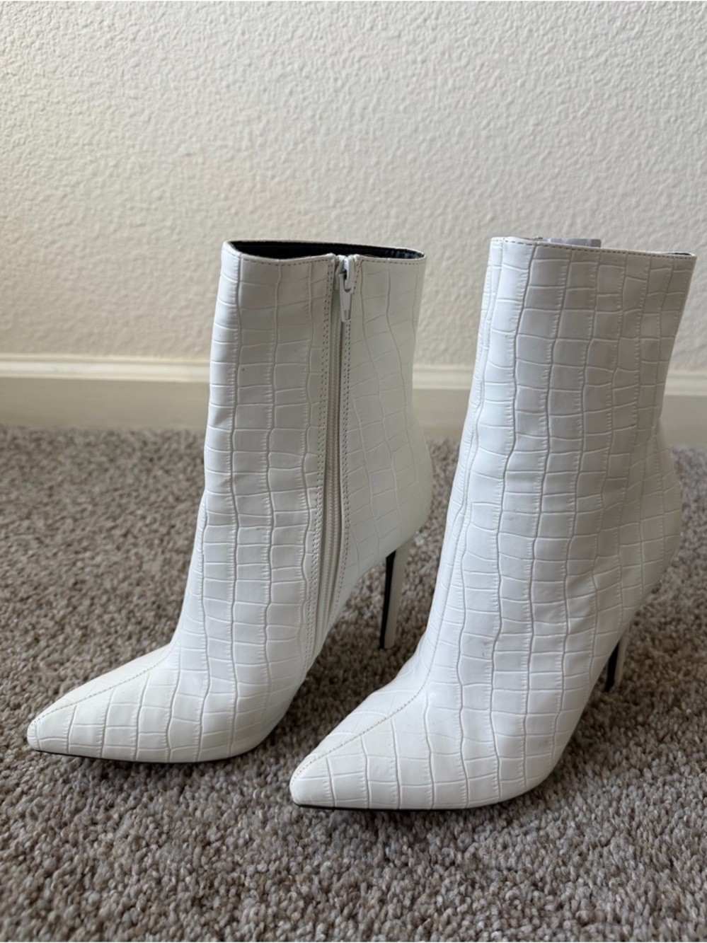 White Croc-Embossed Pointed Toe Stiletto Ankle Boots
